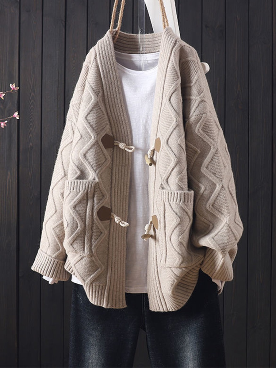 Solid Color Horn Button Women Knit Cardigan