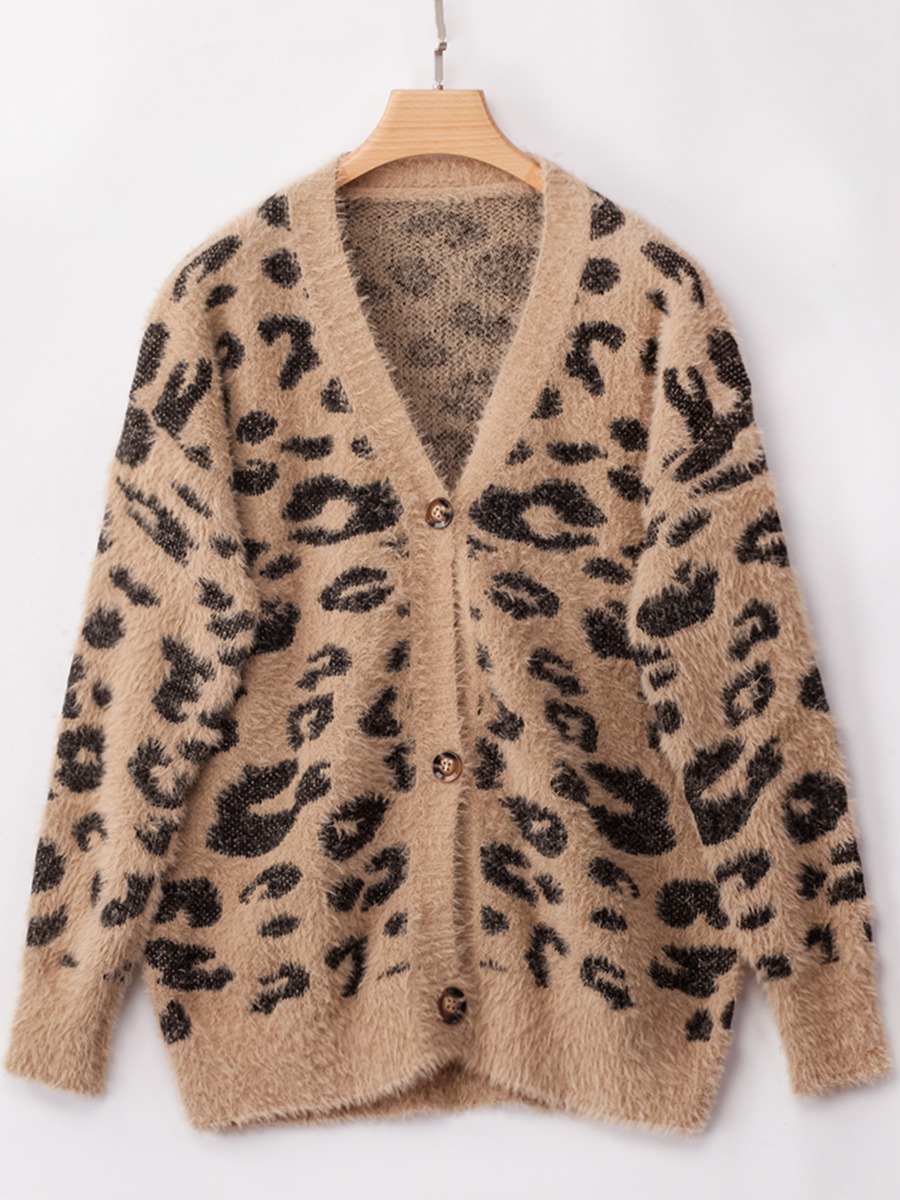 Colorblock Single-breasted Leopard Knit Cardigan