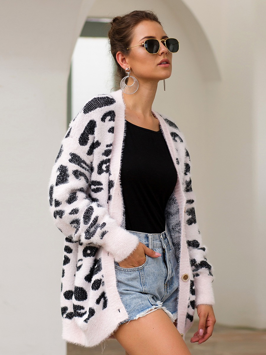 Colorblock Single-breasted Leopard Knit Cardigan