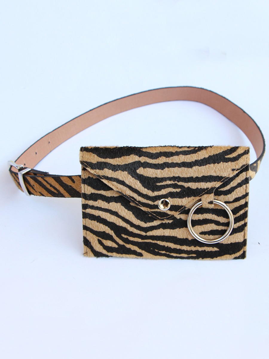 Leopard Belt With Ring Decor Waist Bag Set