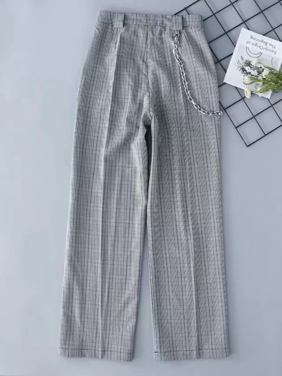 2-piece Plaid Laue-up Back Cami Top And Chain Decor Trouser Set