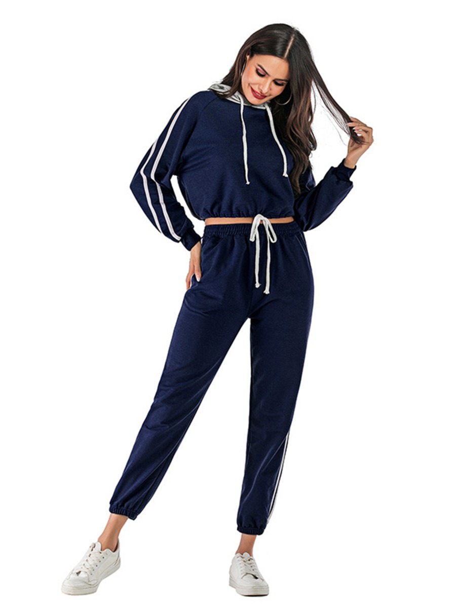 2-piece Stripe Sleeve Drawcord Hem Hoodies Match Pants Sweatsuit