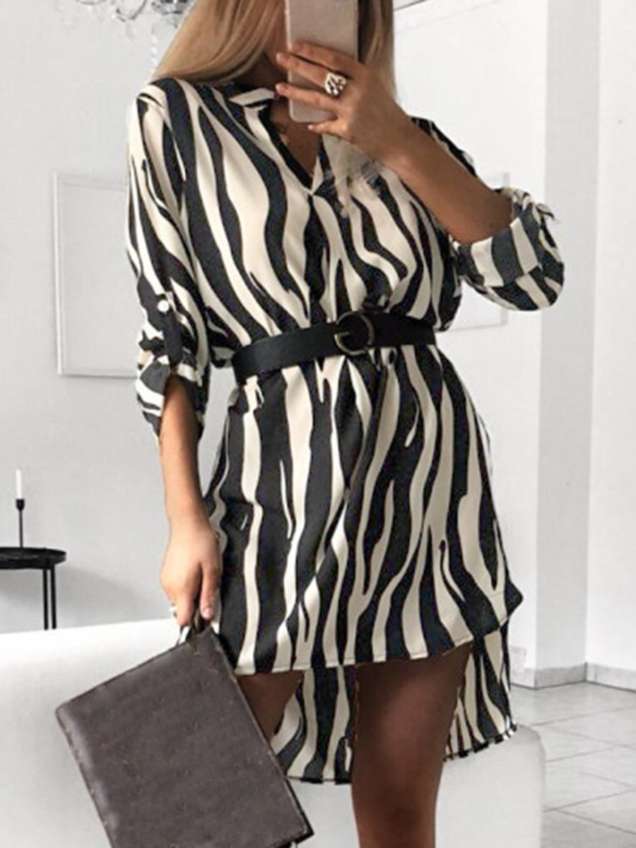 Rollable Sleeve Zebra Stripe Print Dress