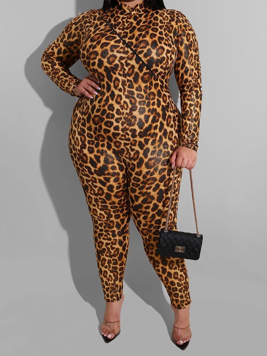 Plus Size Mock Neck Leopard Print Jumpsuit