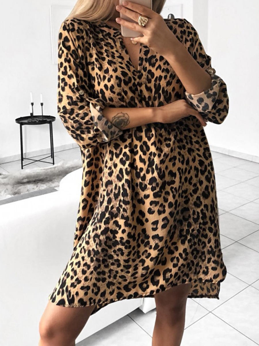 Rollable Sleeve Snake Skin Leopard Print Dress