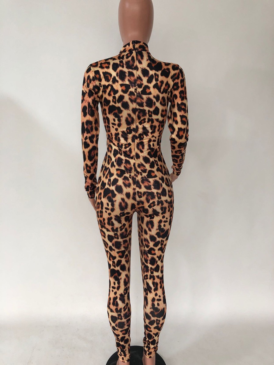 Mock Neck Cutout Leopard Jumpsuit