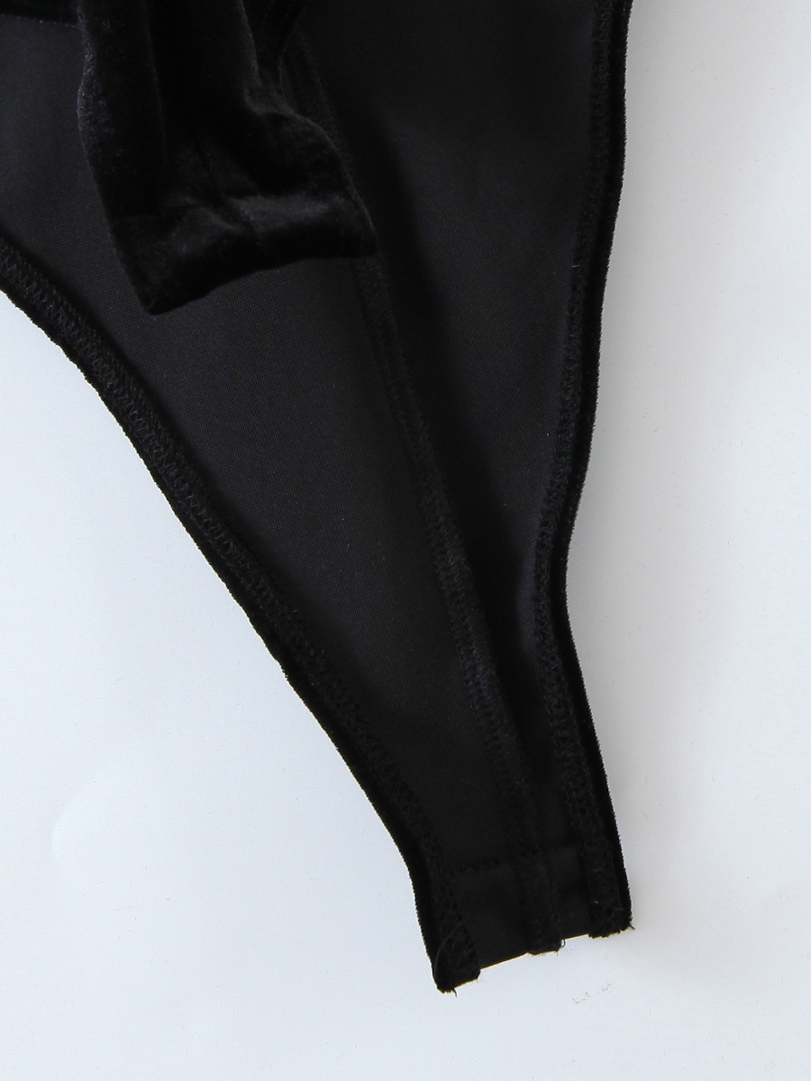 Velvet Shirred Button Black Bodysuit