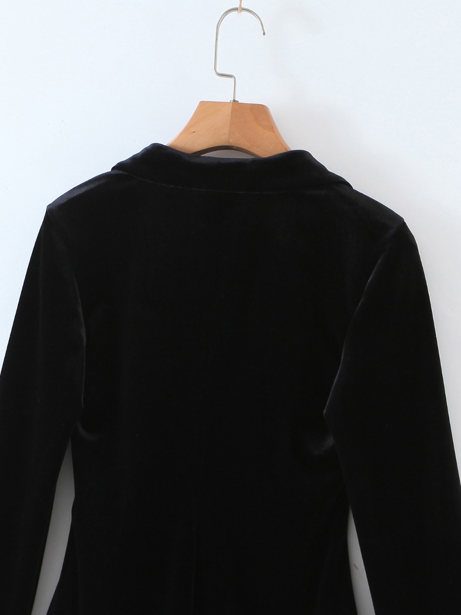 Velvet Shirred Button Black Bodysuit