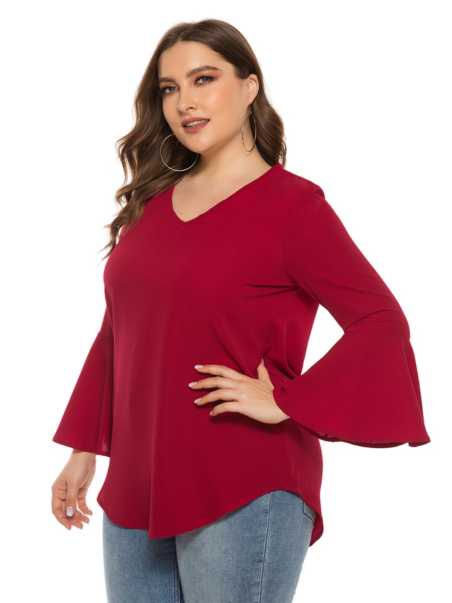 Plus Size Flare Sleeve Curved Hem Top