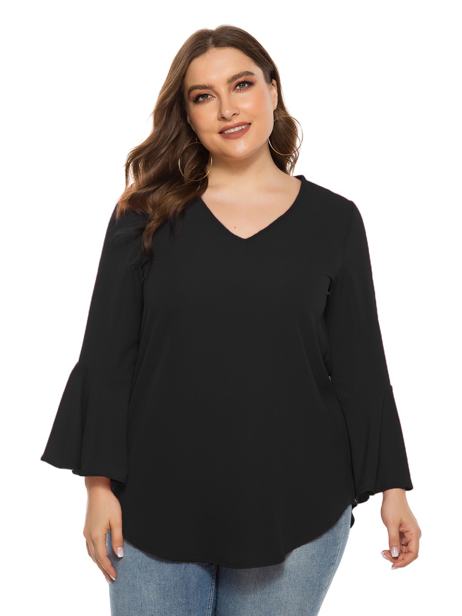Plus Size Flare Sleeve Curved Hem Top