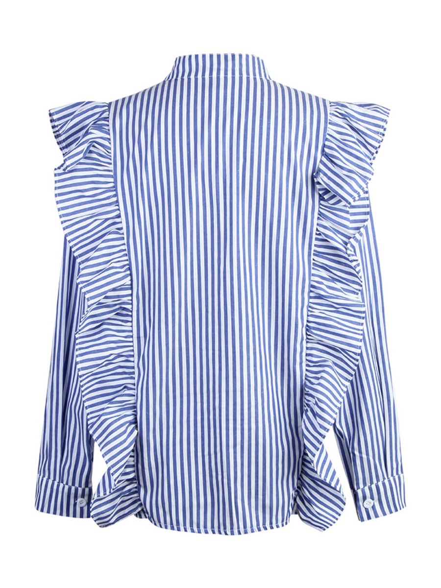 Plus Size Stand Collar Ruffle Trim Stripe Shirt