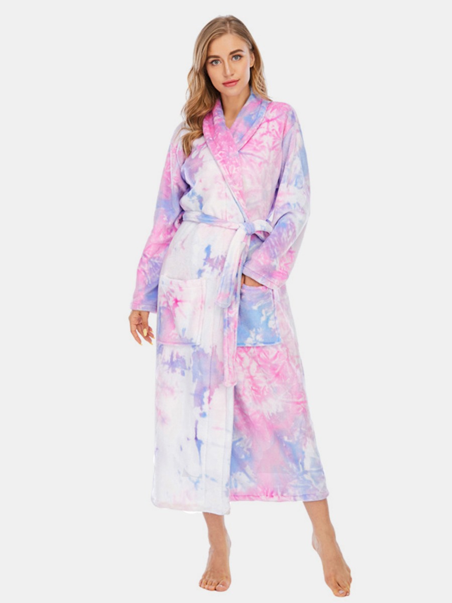 Pocket Front Tie Dye Flannel Wrapped Lounge Robe
