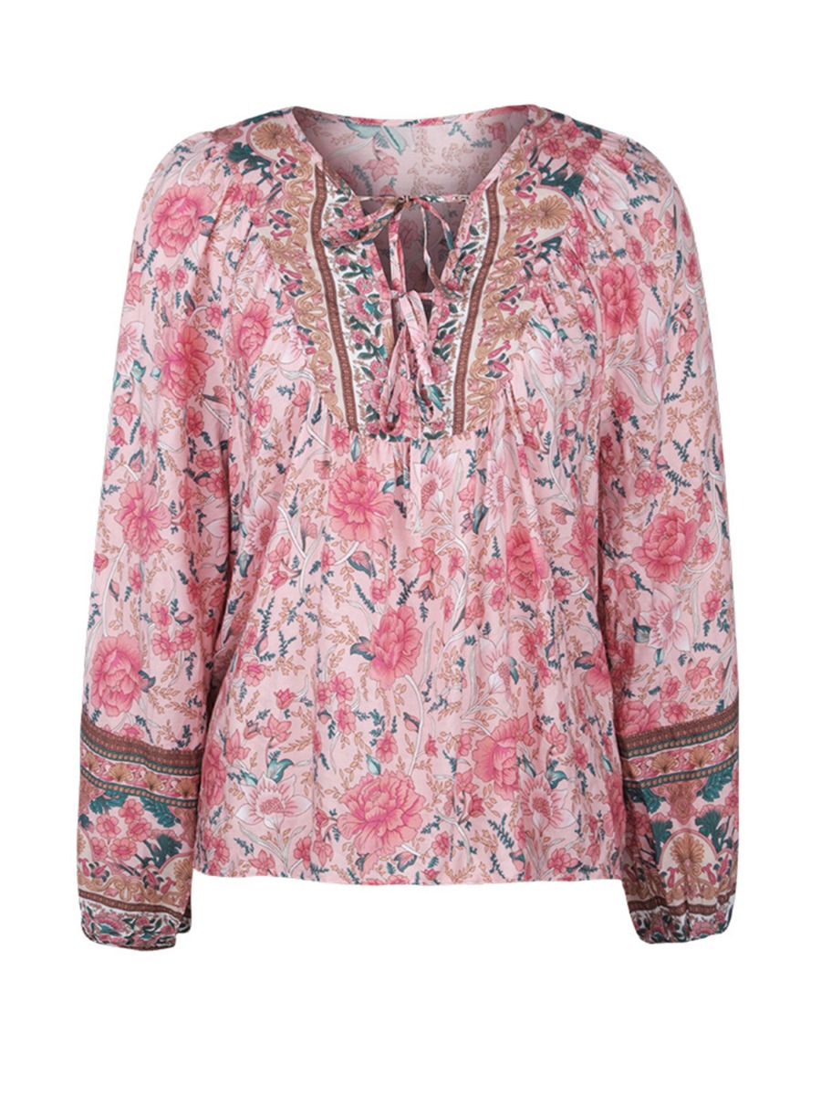 Tie Neck Ditsy Floral Flare Blouse