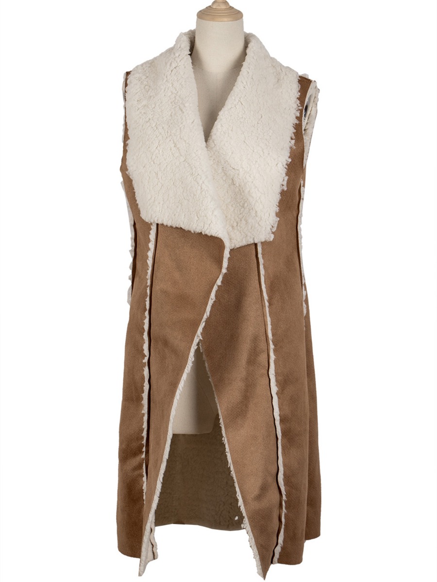 Lapel Collar Fleece Lined Suede Vest Coat