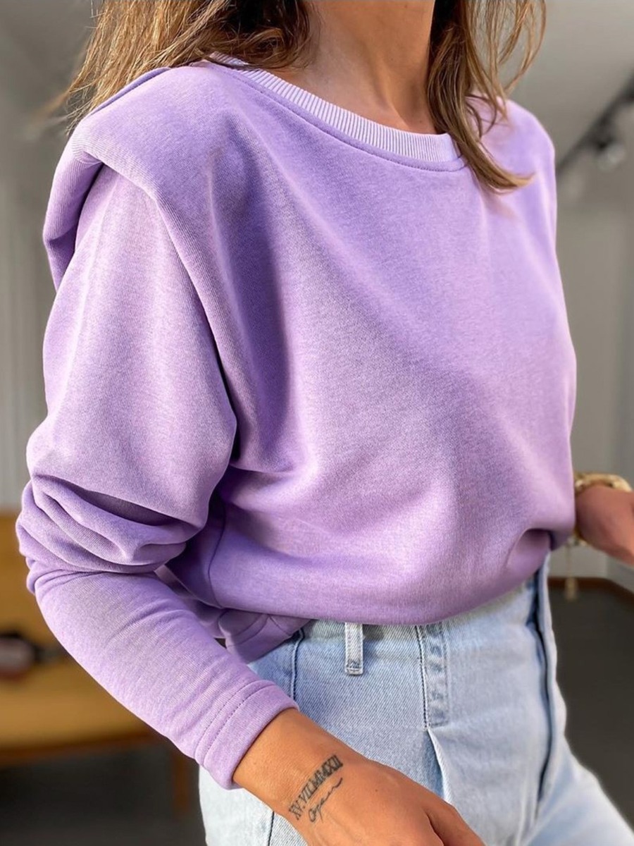 Round Collar Plain Sweatshirt With Shoulder Pad
