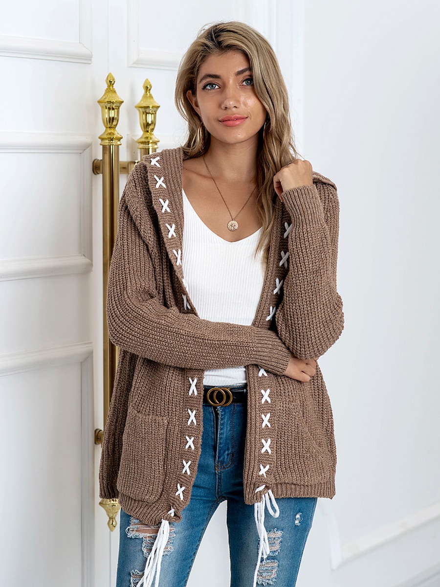 Lace-up Textured Knit Hooded Cardigan