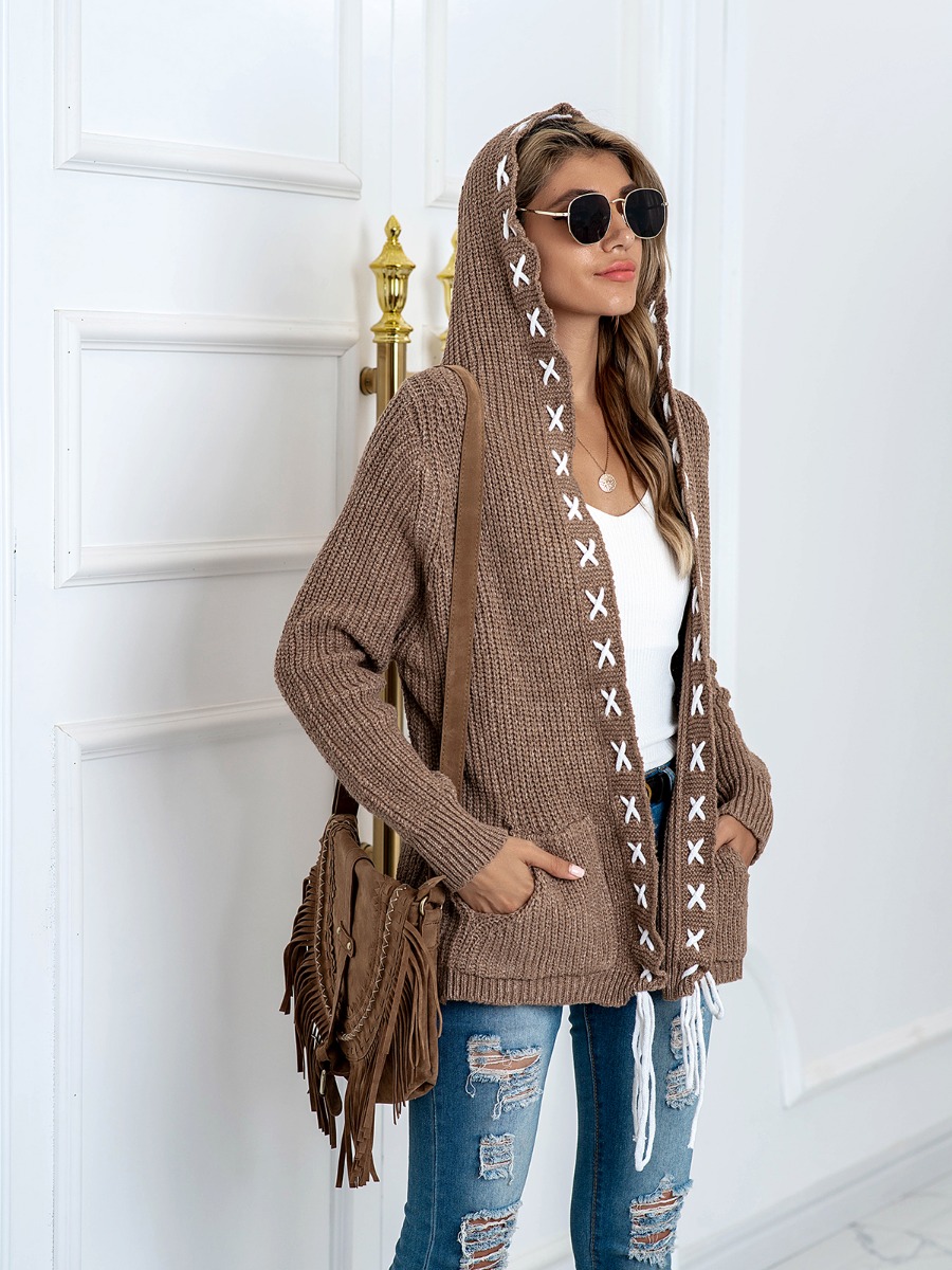 Lace-up Textured Knit Hooded Cardigan