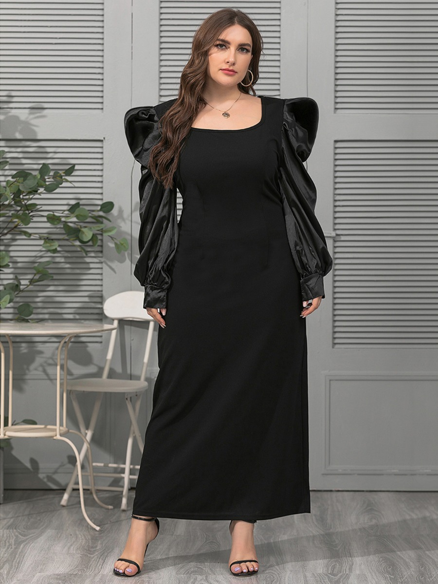 Plus Size Square Collar Puff Sleeve Black Dress