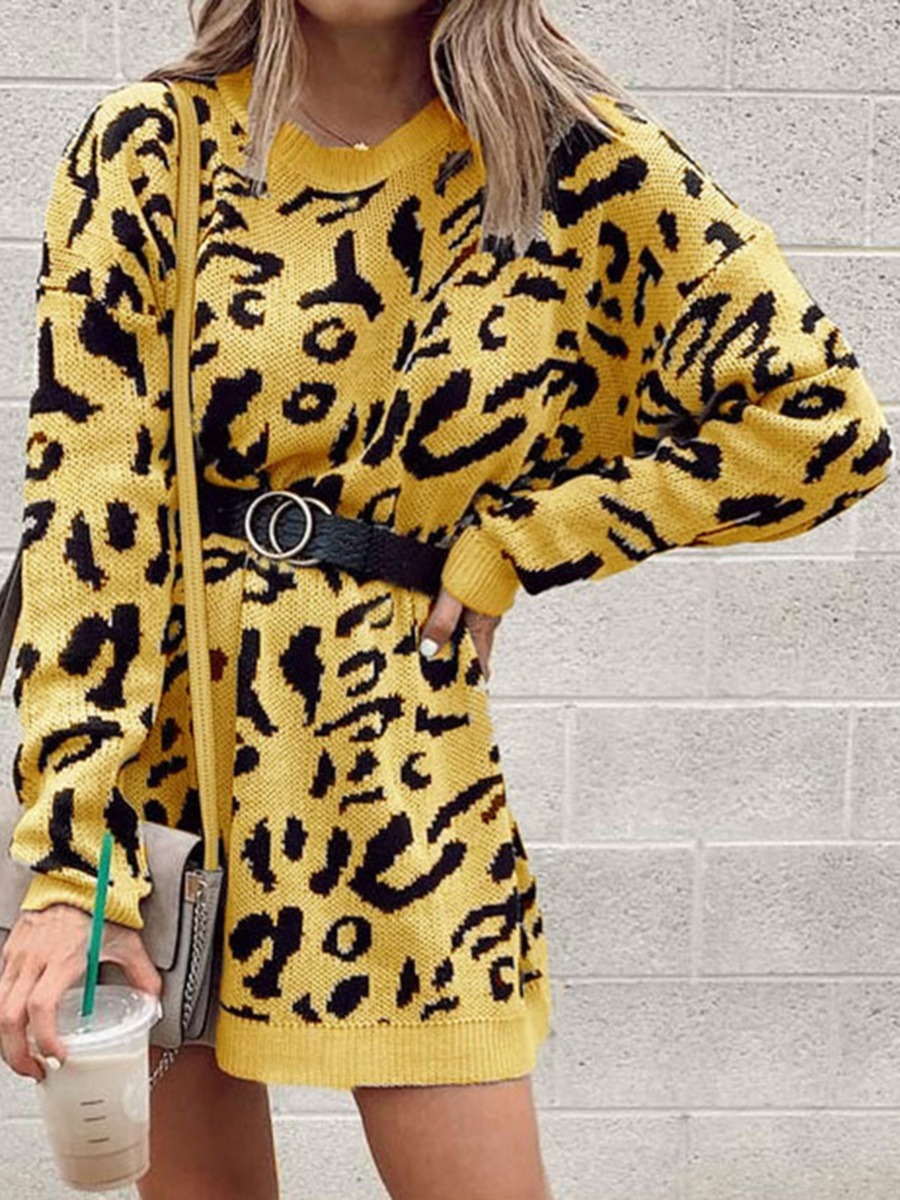 Drop Sleeve Leopard Sweater Dress