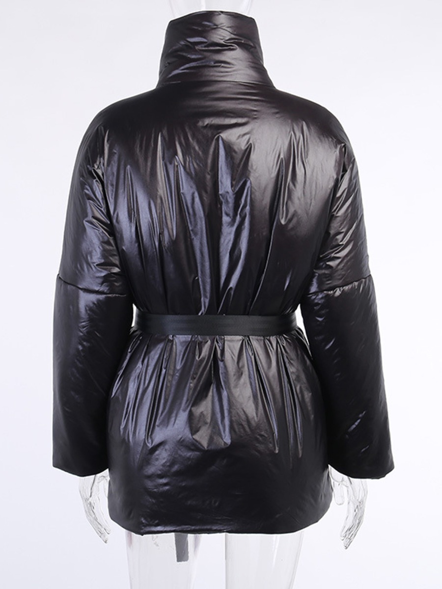 Stand Collar Buttoned Puffer Coat With Belt