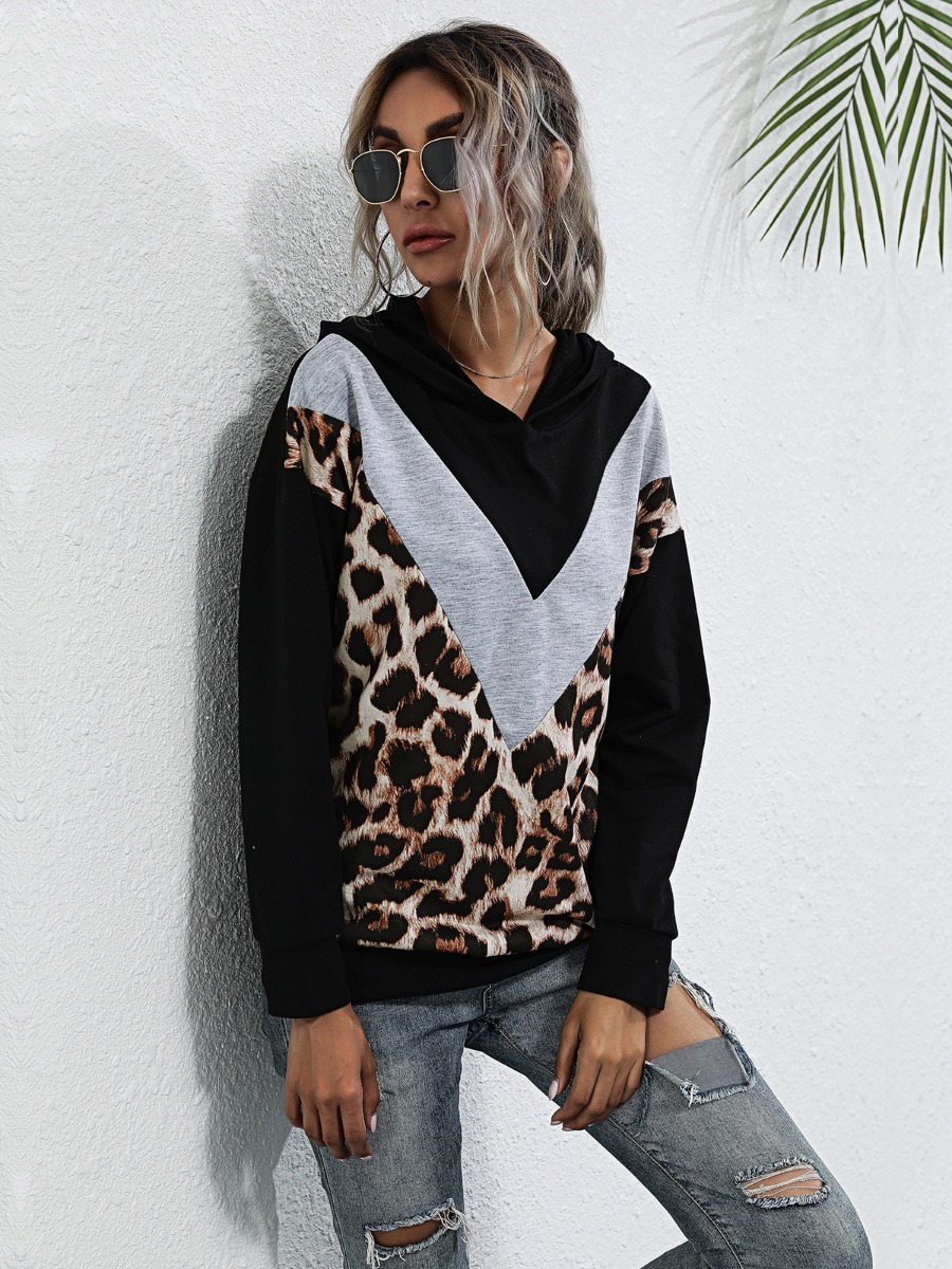 Color Blocking Leopard Detail Long Sleeve Hoodie
