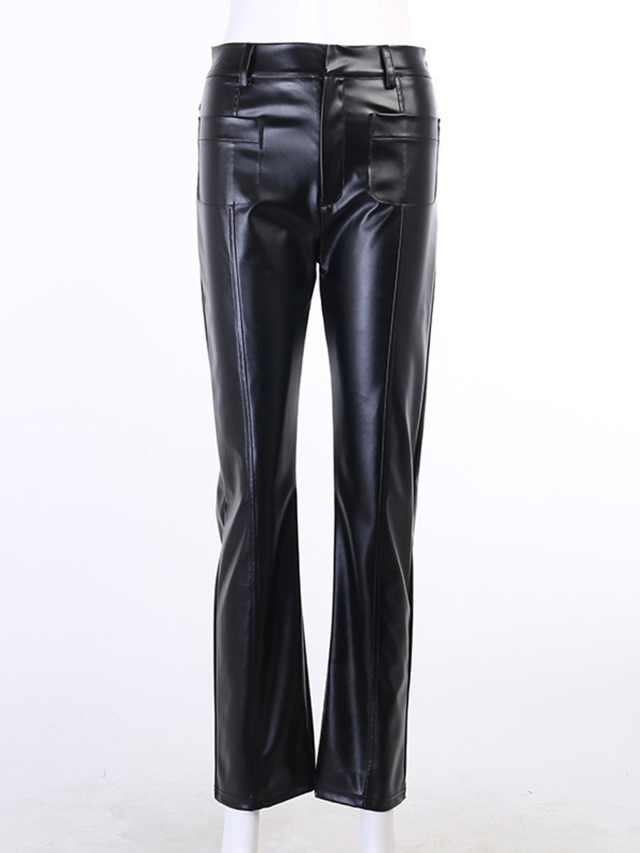 High Rise Double Pocket Leather Straight Pants