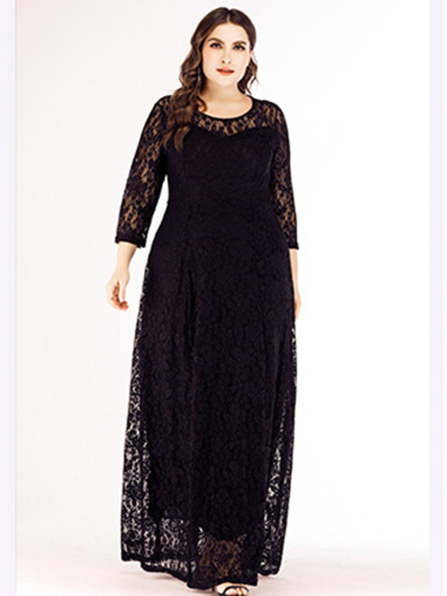 Plus Size 3/4 Sleeve Solid Lace Prom Dress