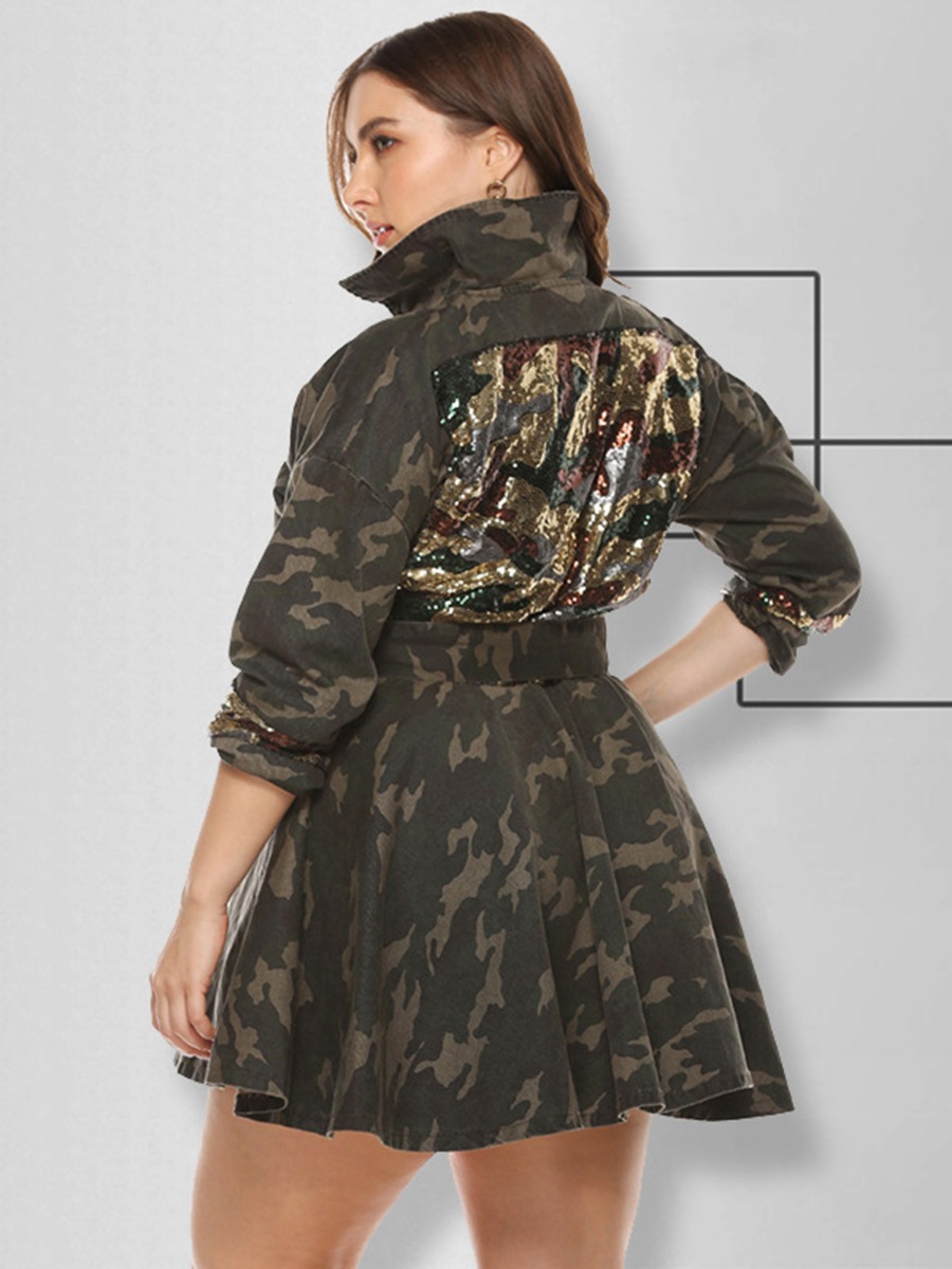 Plus Size Sequin Detail Belted Camo Shirt Dress