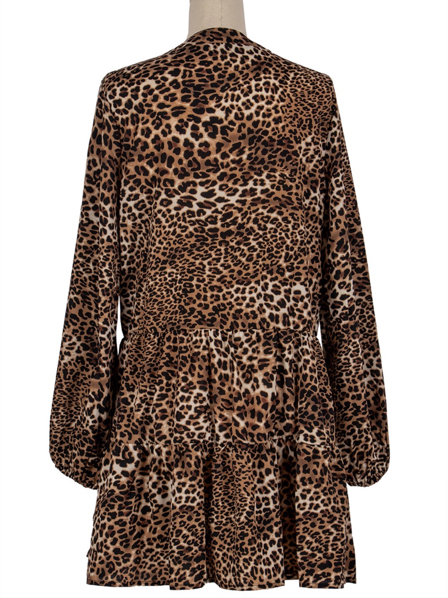 Lantern Sleeve Leopard Flared Shirt Dress