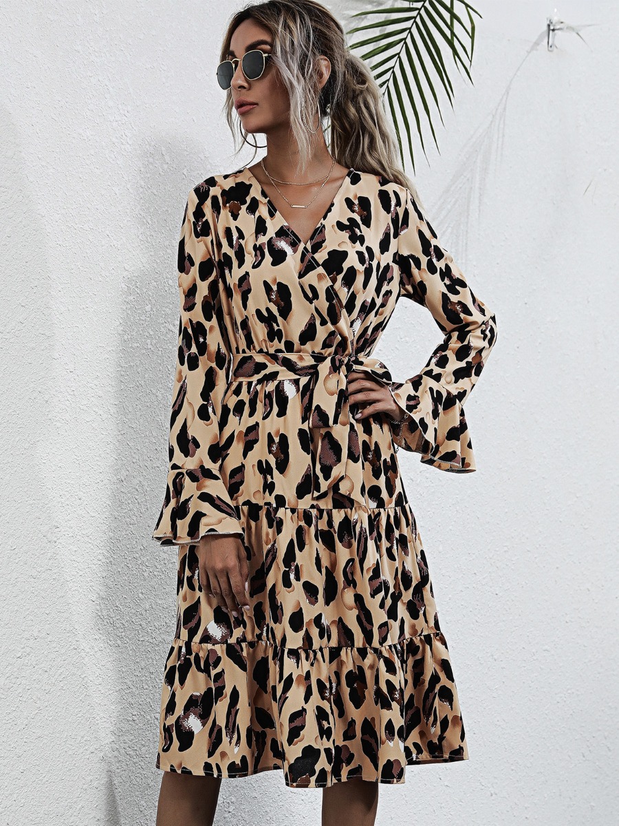 Ruffle Sleeve Self-tie Leopard Dress