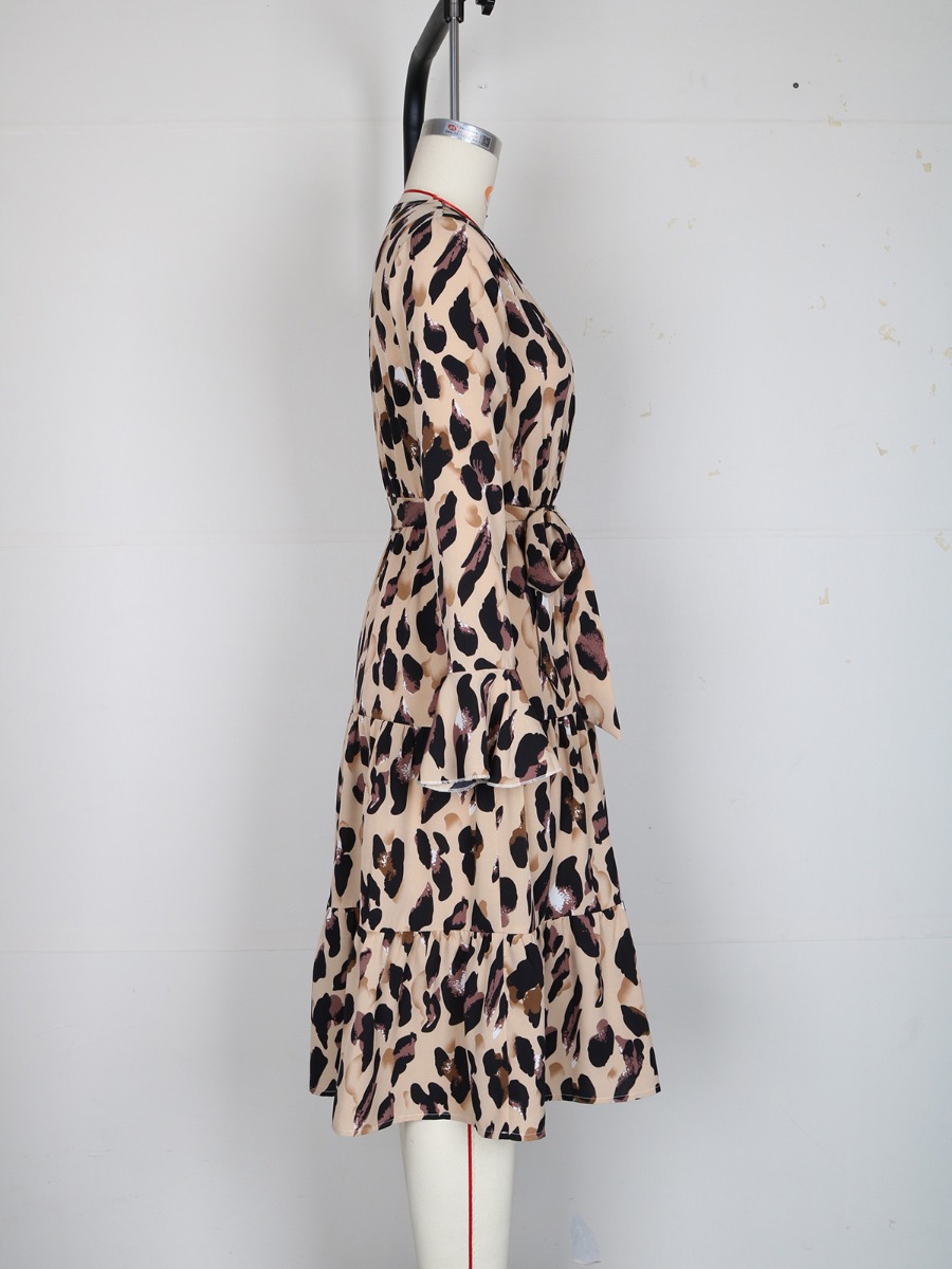 Ruffle Sleeve Self-tie Leopard Dress