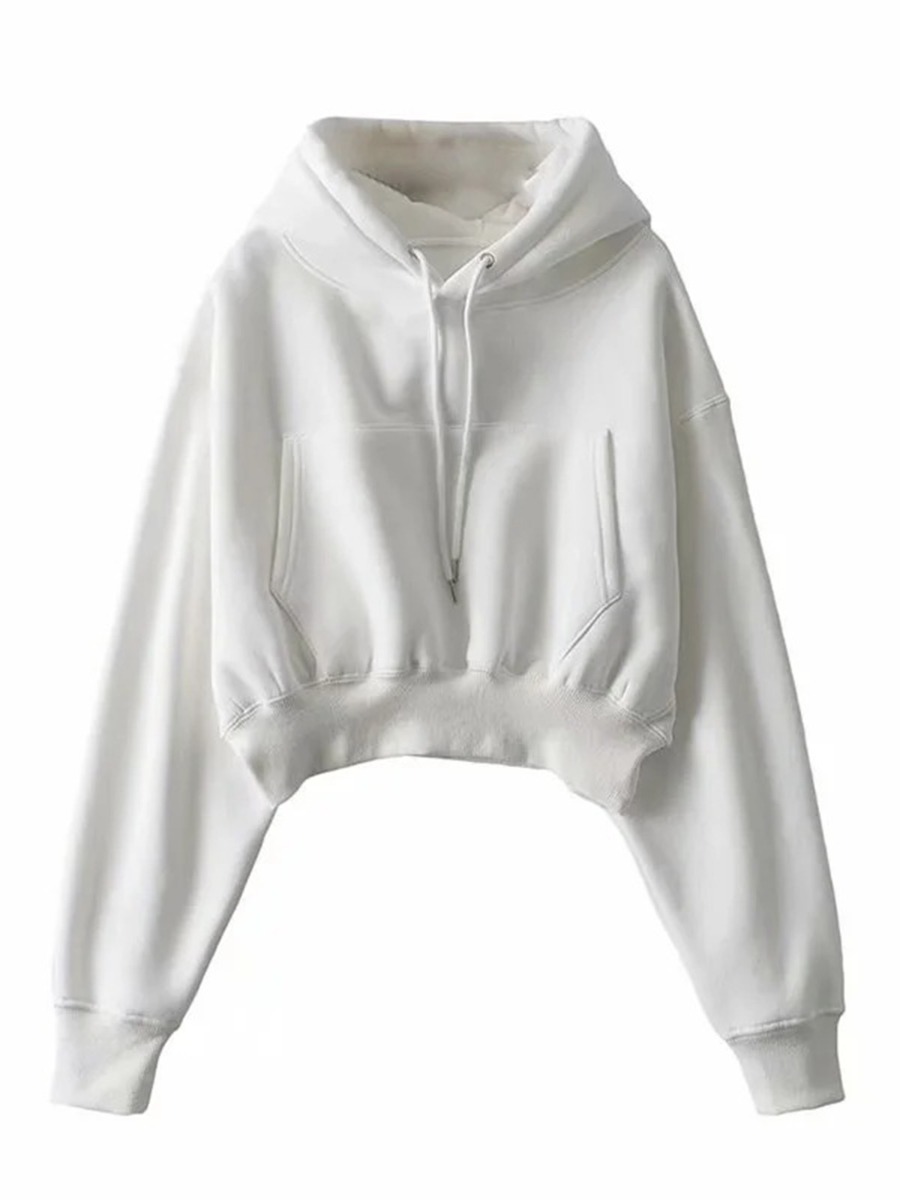 Solid Color Drawstring Detail Pocket Cropped Hoodie