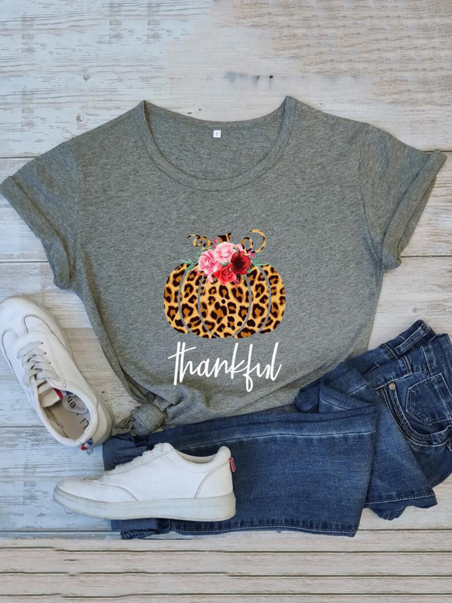 Thankful Floral Leopard Pumkin Printed T-shirt