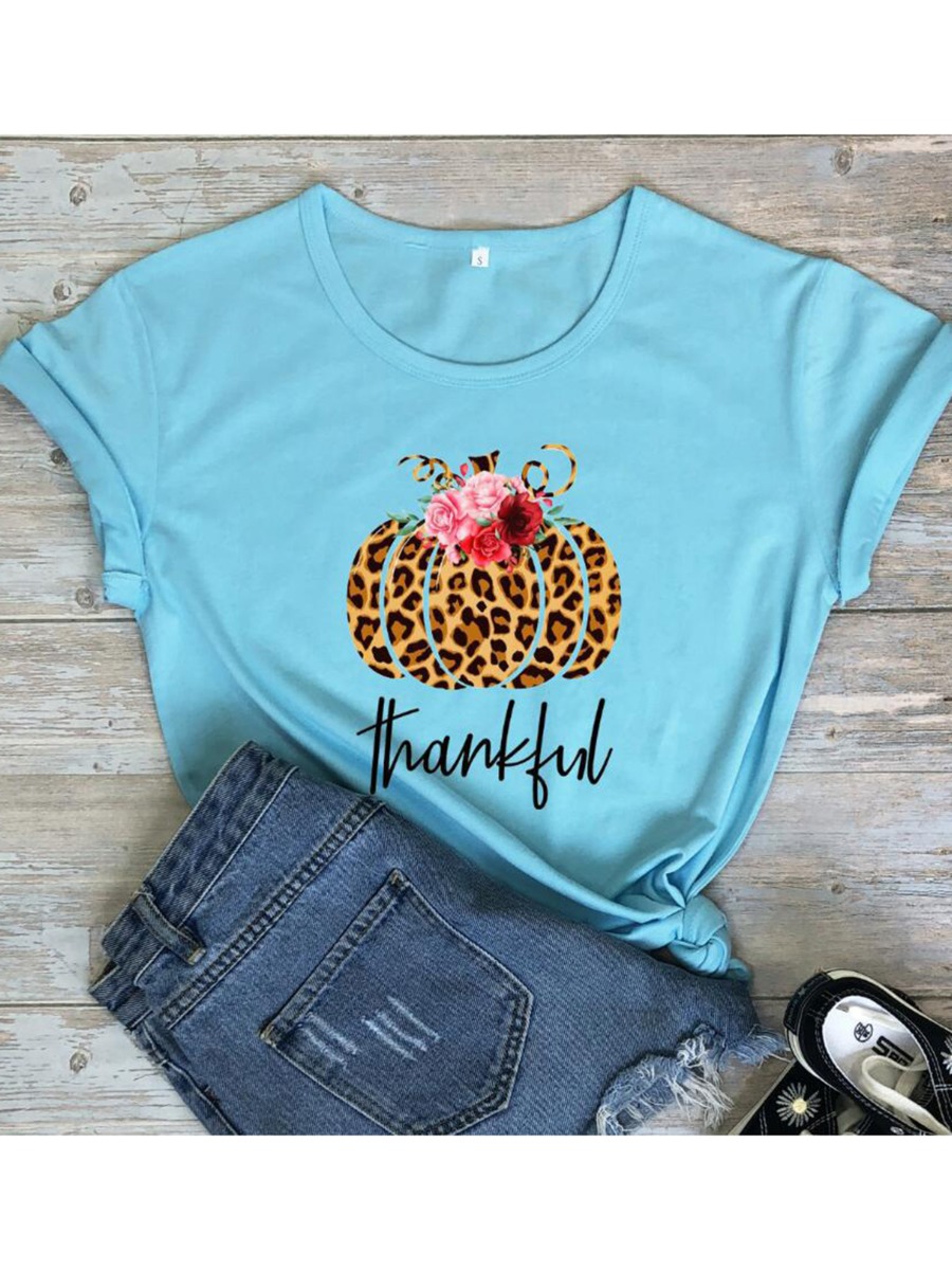 Thankful Floral Leopard Pumkin Printed T-shirt