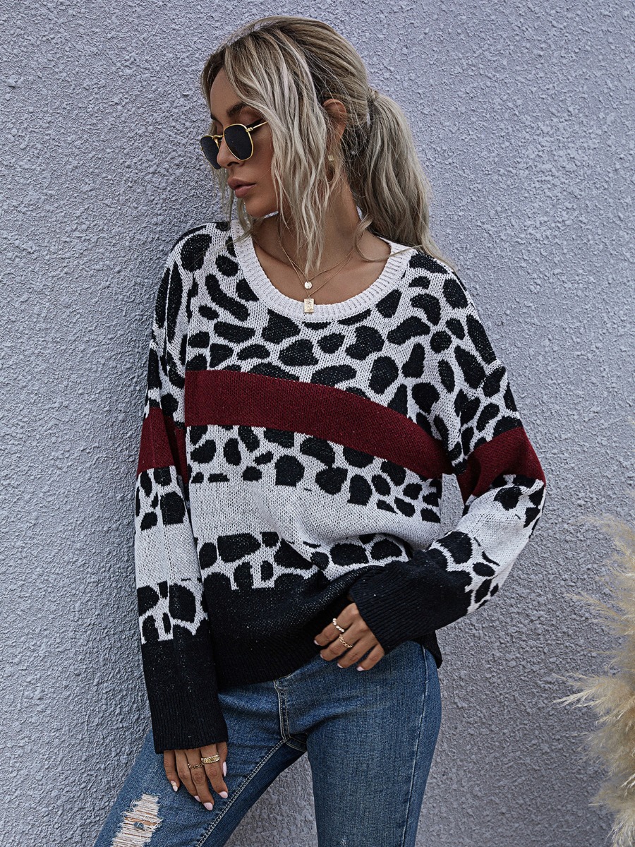 Drop Shoulder Leopard Knit Co-ord Sweater