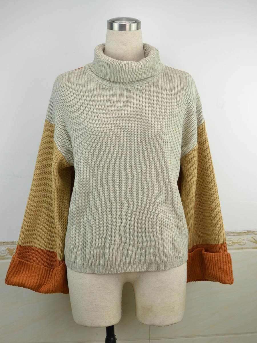 Drop Shoulder High Neck Color Blocking Pullover Sweater
