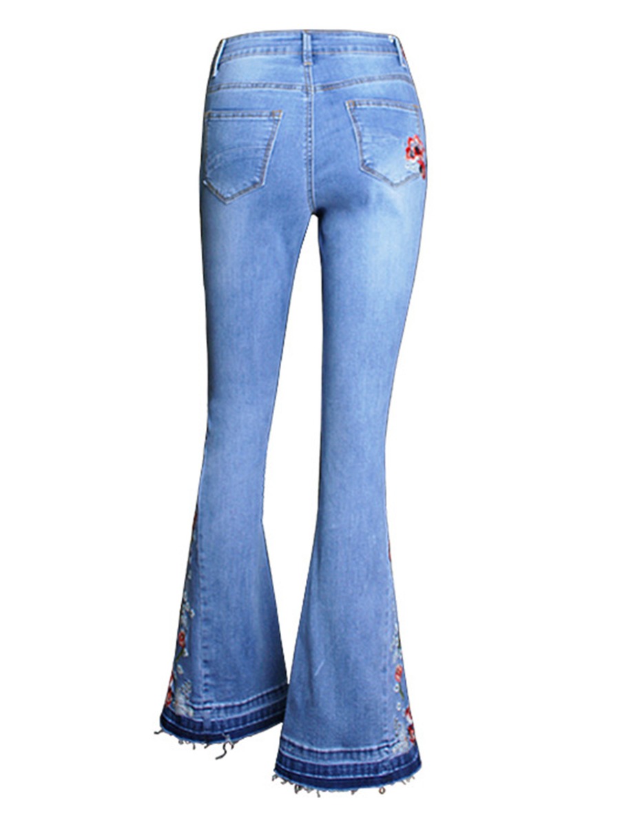 Raw Hem Flower Embroidery Bell-bottom Jeans