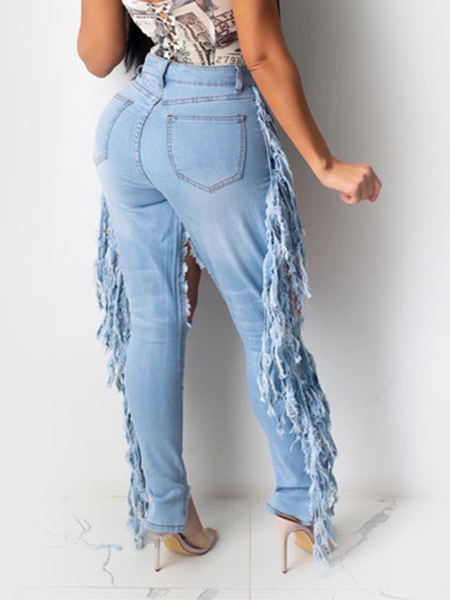 Tassel Side Double Ripped Distressed Jeans