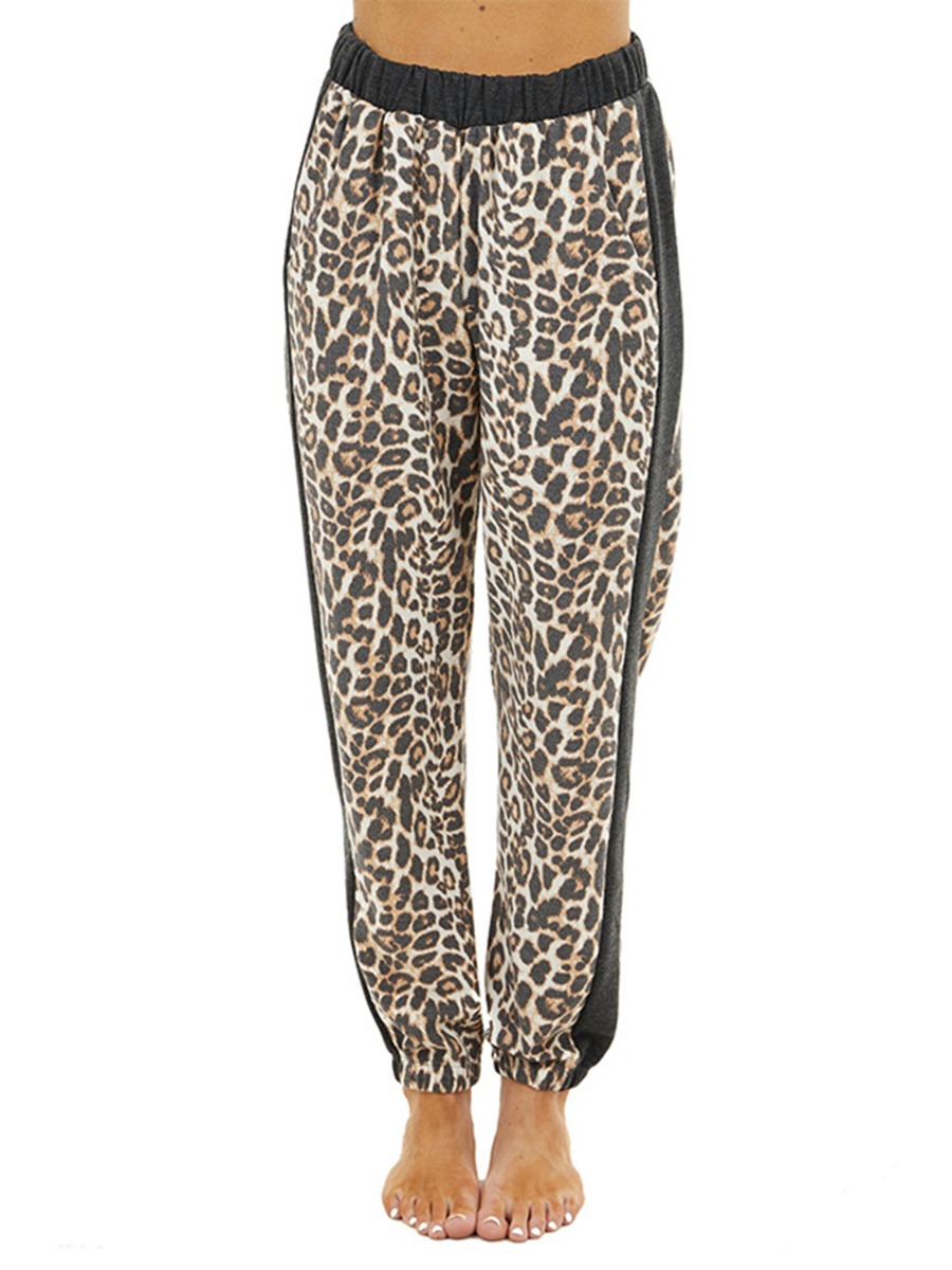 Contrast Side Elastic Waist Leopard Jogger Pants