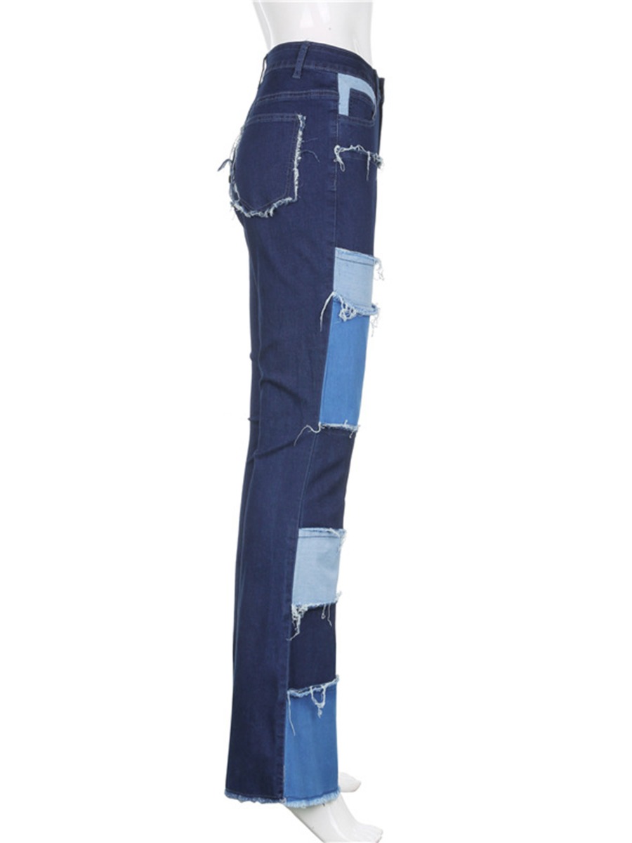 Raw Trimmed Color Blocking Patch Jeans