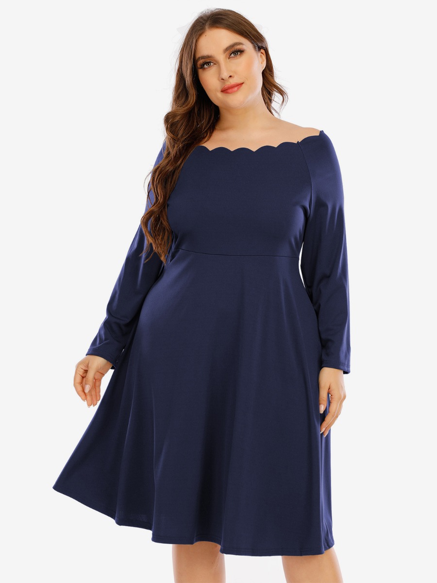 Plus Size Solid Color Wave Collar Flare Dress - SheStar