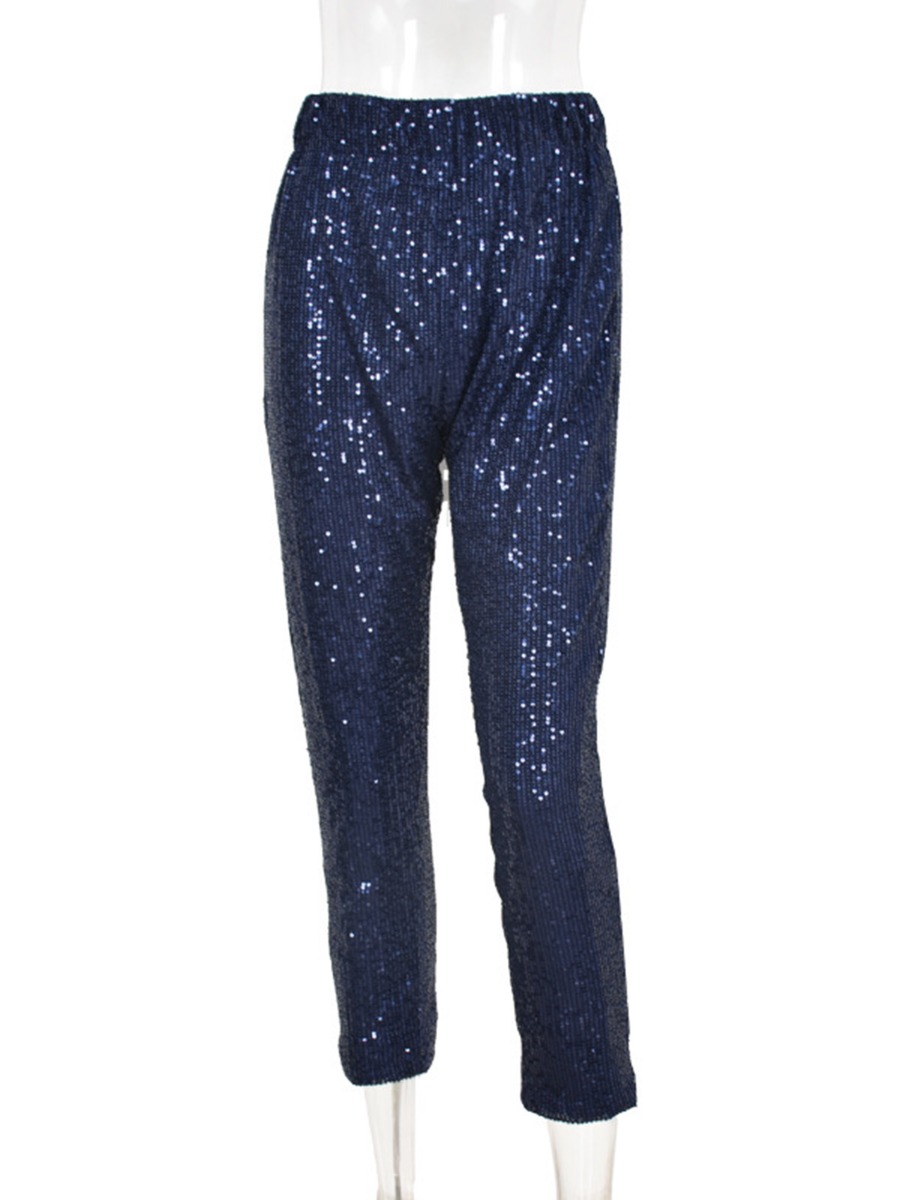 Women Elastic Waist Sequin Cropped Trousers