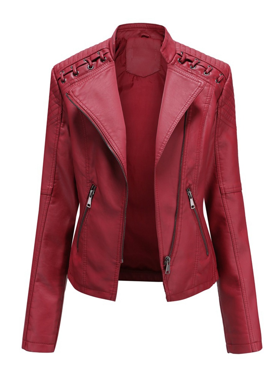Lace-up Shoulder Solid Color Leather Moto Jacket