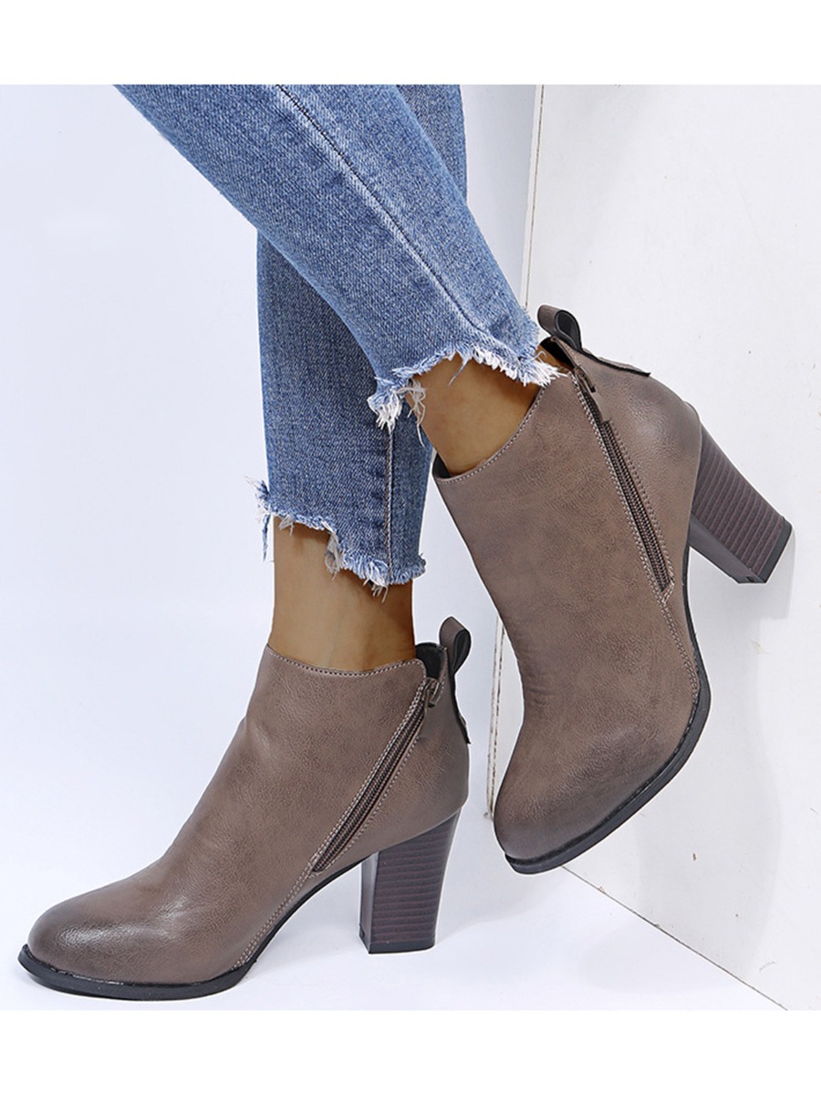 Women Slant Zipper Faux Leather Ankle Boots
