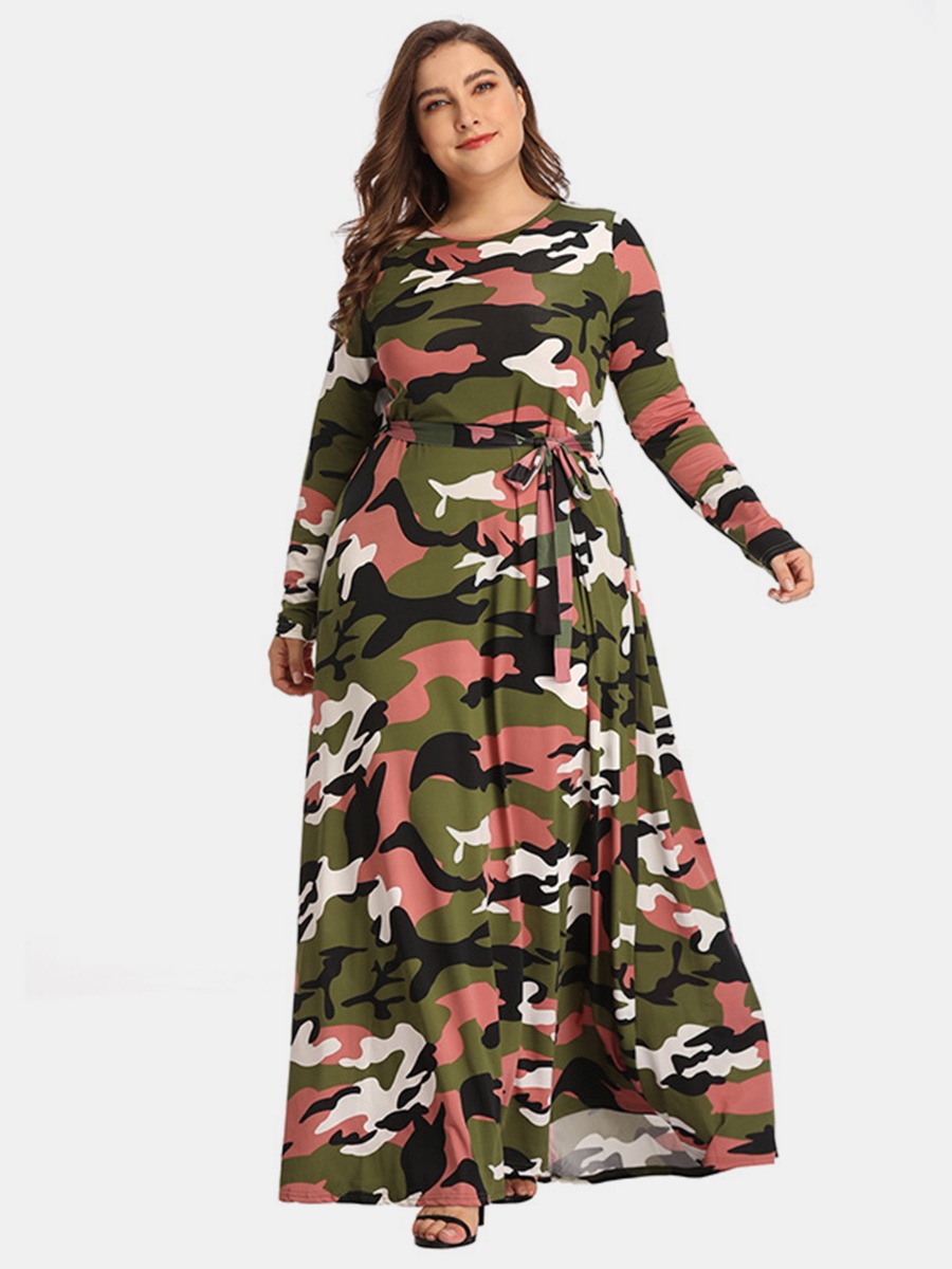 Plus Size Self-tie Camouflage Maxi Dress