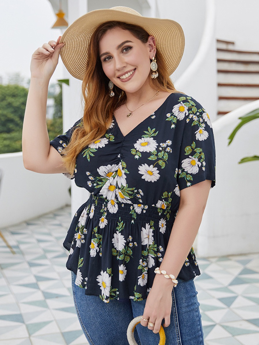 Plus Size V Collar Floral Print Shirred Ruffled Blouse