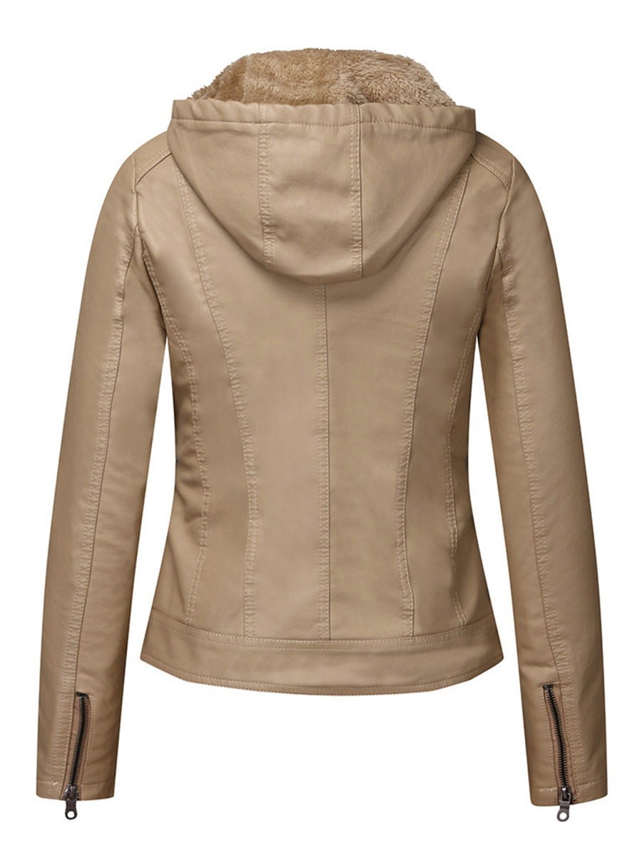 Slant Pocket Zip Up Plush Lined Leather Hooded Jacket