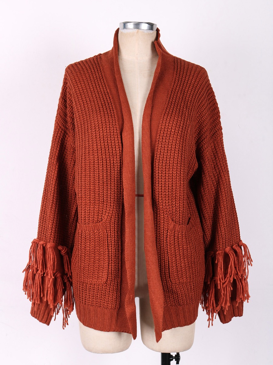 Buy Drop Shoulder Tassel Crochet Solid Cardigan - SheStar