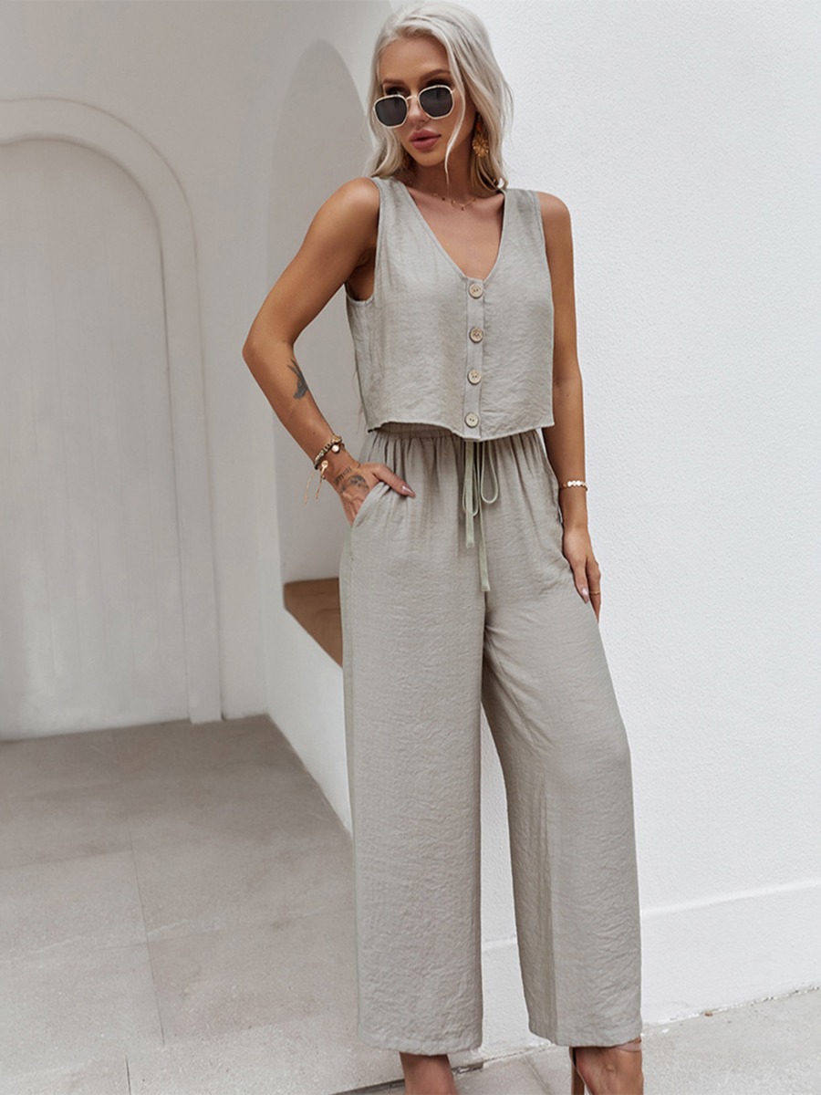 V Collar Buttoned Tank Top Matching Wide-leg Trousers Set