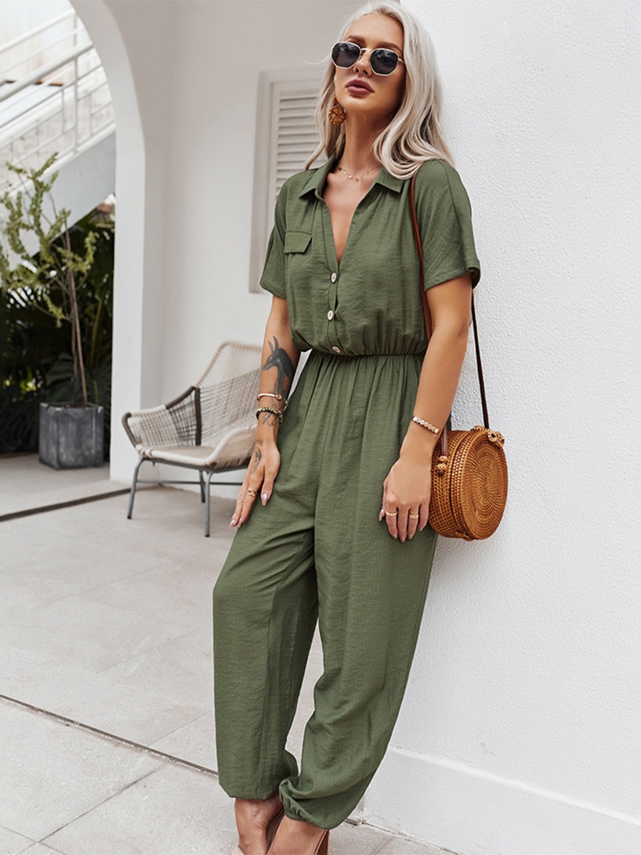 Solid Color Beamed Waist Buttoned Shirt Jumpsuit